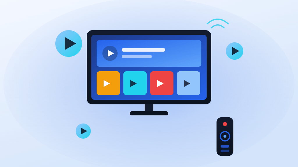 Illustration of a smart TV showing colorful IPTV streaming app tiles, with a remote control and floating play buttons